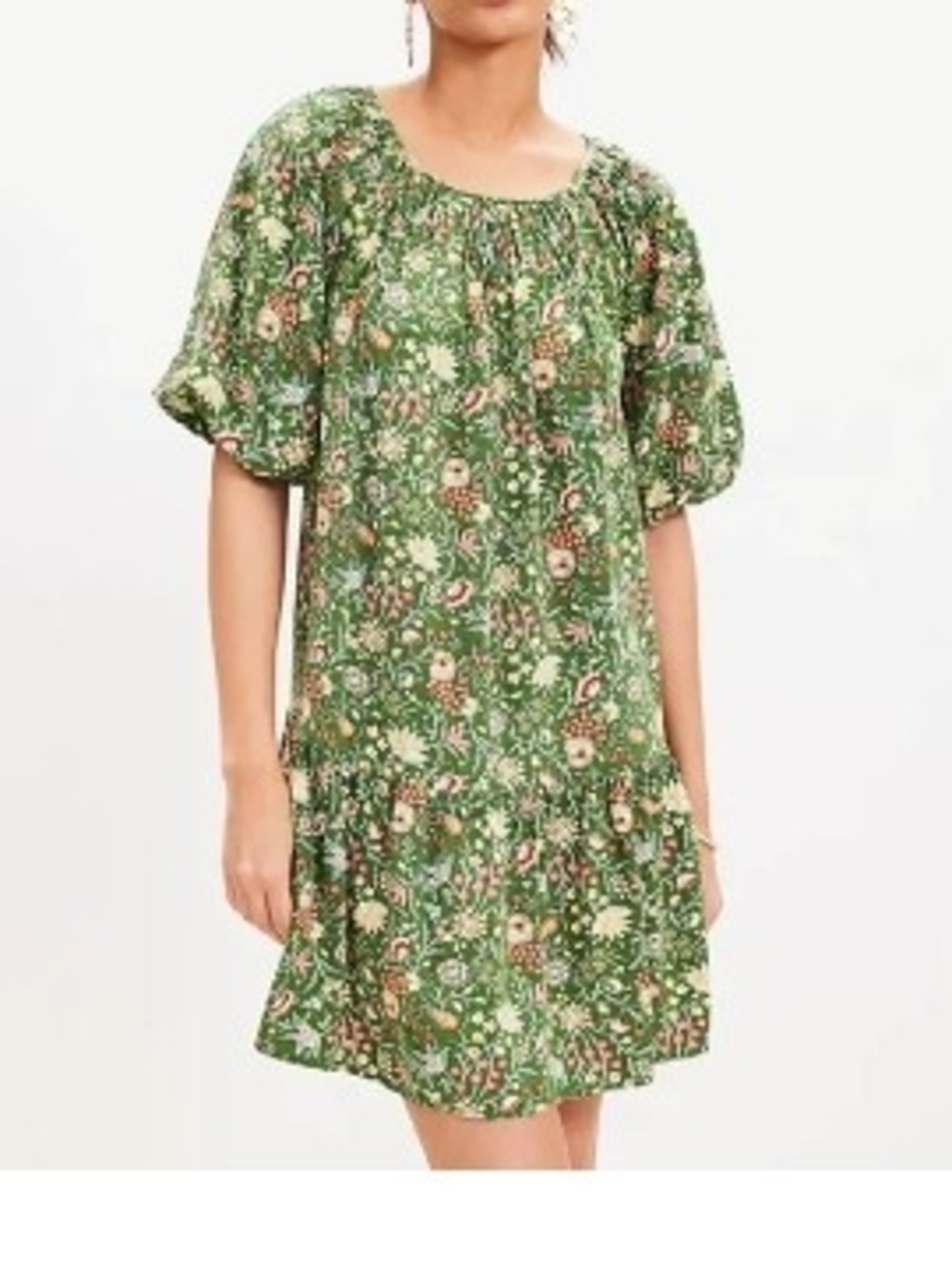 LOFT Dark Green Garden Smocked Floral Puff-Sleeve Flouncy Dress Large
